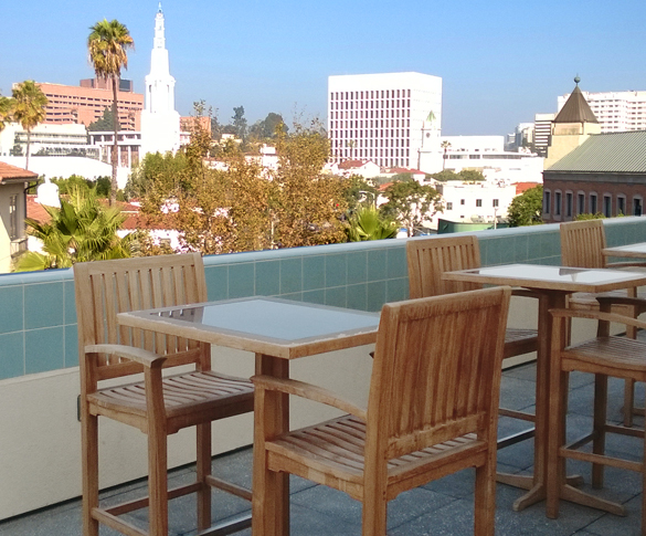 teak tables and chairs on UCLA campus